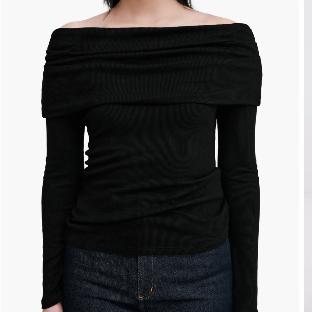 NWT Nordstrom x Marcella Bennett Off Shoulder Black Ribbed Knit Long Sleeve Top